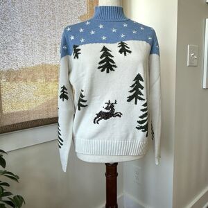 Appleseeds Christmas Sweater Womens Large Blue‎ White Reindeer Embroidered Stars